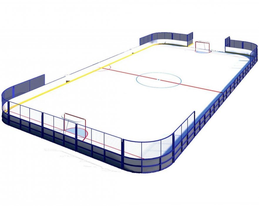 Хоккейный корт обшитый листами из ламинированной фанеры, сетка рабица за воротами
